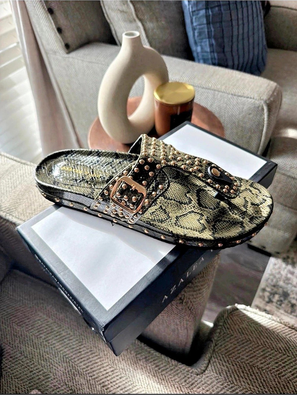 Azalea Wang Daisy Chain Green Snake Studded Flat Sandal